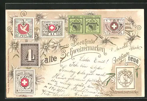 AK Schweiz, Berühmte alte Schweizer-Briefmarken und berühmte neue Schweizermarke