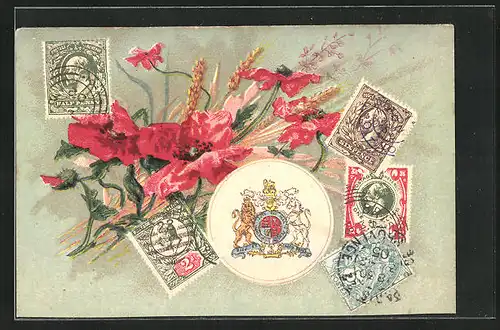 AK Briefmarken auch als Steuermarken verwendet im Britischen Empire und Commonwealth, Wappen und Blumen