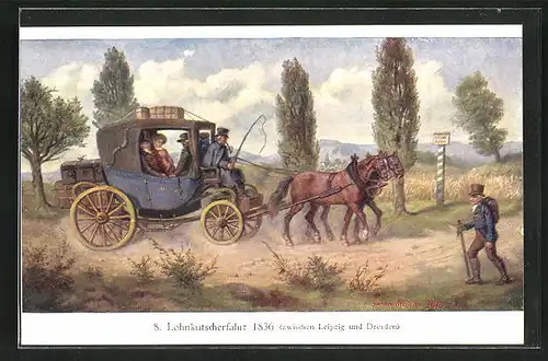 AK Lohnkutscherfahrt 1836 zwischen Leipzig und Dresden