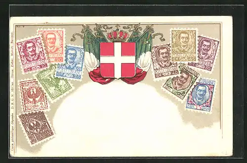Präge-AK Italien, Briefmarken, Wappen und Fahnen
