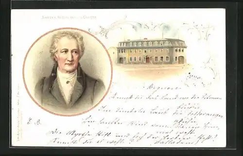 Lithographie Porträt Johann Wolfgang von Goethe und Goethehaus