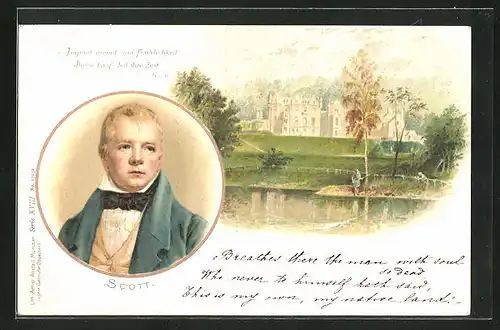 Lithographie Zitat des schottischen Schriftstellers Sir Walter Scott und Schloss