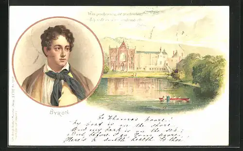 Lithographie Byron im Portrait mit Haus und Spruch