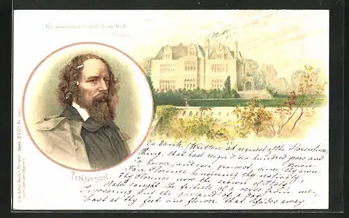 Lithographie Portrait von Tennyson mit Schloss und Spruch