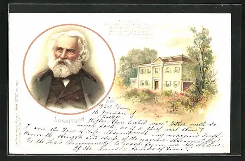 Lithographie Proträt Longfellow mit Wohnhaus und Spruch