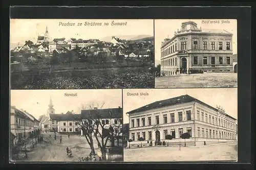 AK Strazov na Sumave, Celkovy pohled, Mestanska skola, Obecna skola, Nàmesti