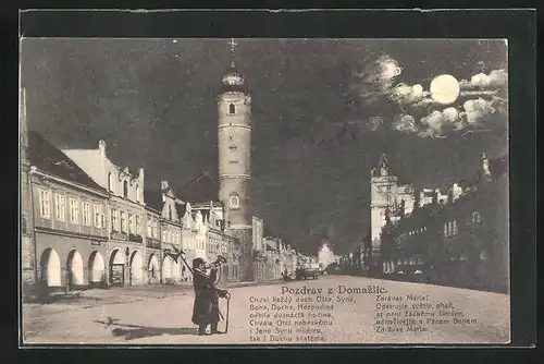 AK Domazlice, Marktplatz bei Mondschein