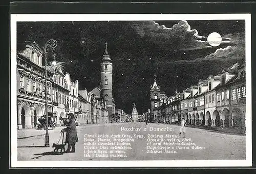 AK Domazlice, Marktplatz bei Mondschein