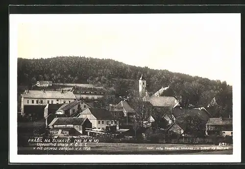 AK Prasily na Sumave, Ortsansicht mit Kirche