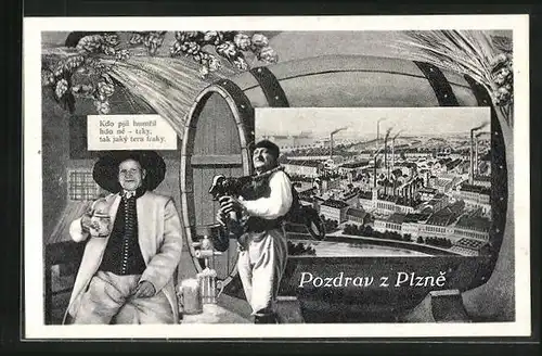 AK Plzen, Bierbrauerei, zwei Männer am Bierfass