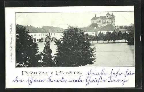 AK Prestice, Ortspartie mit Blick zum Schloss