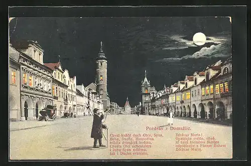 AK Domazlice, Marktplatz bei Mondschein