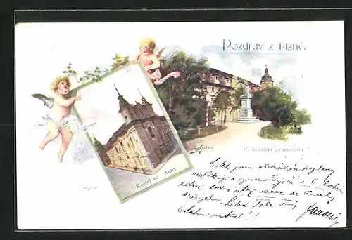 Künstler-AK Plzen, C. k. statni gymnasium, Kostel sv. Anny