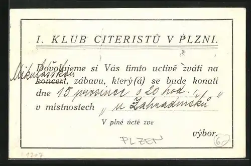 AK Plzen, 1. Klub Citeristu, Geschäftskarte