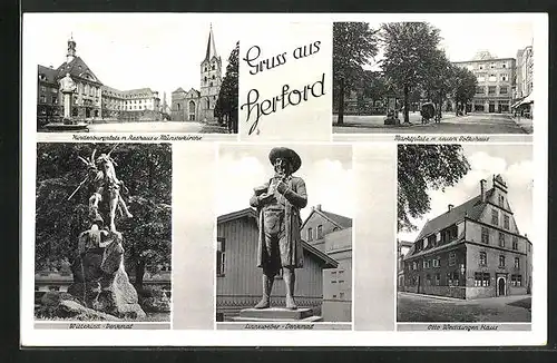 AK Herford, Hindenburgplatz mit Rathaus u. Münsterkirche, Marktplatz mit Volkshaus, Linneweber u. Wittekind-Denkmal