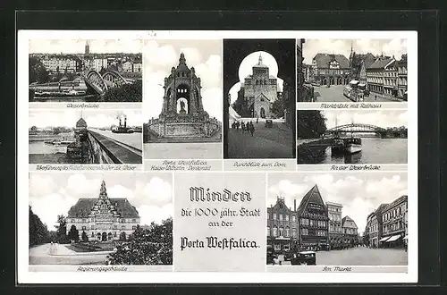 AK Minden i. W., Weserbrücke, Regierungsgebäude, am Markt, Durchblick zum Dom, Marktplatz mit Rathaus, a. d. Weserbrücke