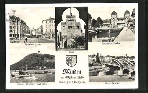 AK Minden i. W., Schachtschleuse, Weserbrücke, Dom, Kaiser-Wilhelm-Denkmal, Stadteingang
