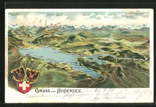 Lithographie Konstanz, Blick über den Bodensee mit anliegenden Orten und Bergen, Wappen