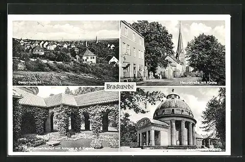 AK Brackwede, Gesamtansicht, Sennefriedhof mit Anlagen a. d. Kapelle, Hauptstrasse mit Kirche, Kapelle im Sennefriedhof