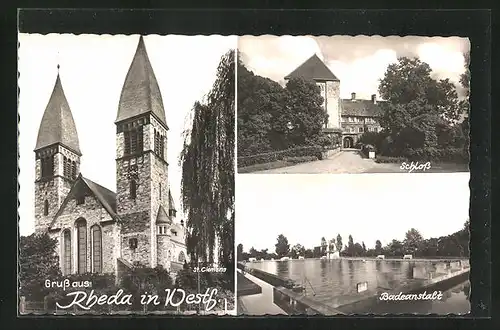 AK Rheda in Westf., Kirche St. Clemens, Schloss und Badeanstalt