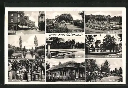 AK Gütersloh, Berlinerstrasse, am Kirchplatz, Kurhaus, Alter Kirchplatz, Parkbad, Botanischer Garten