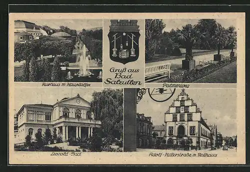AK Bad Salzuflen, Kurhaus u. Hauptallee, Leopold-Bad, Palmenweg, Str. m. Rathaus, Wappen