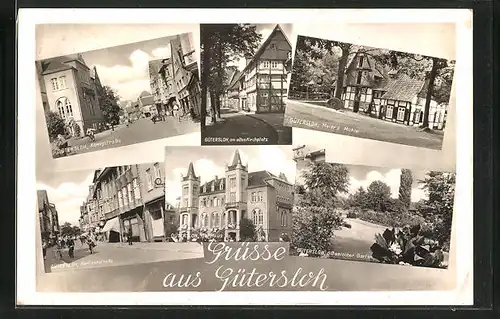 AK Gütersloh, Königstrasse, Berlinerstrasse, am alten Kirchplatz, Rathaus, Meier`s Mühle, Botanischer Garten