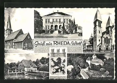 AK Rheda /Westf., Rathaus, Ev. Kirche, Schlossmühle, Kath. Kirche, Schloss und Wappen