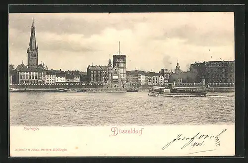 AK Düsseldorf, Blick über den Rhein zur Stadt mit Kirche