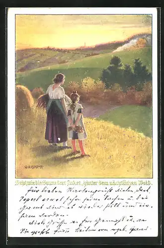 Künstler-AK W. Braun: Mutter und Tochter auf dem Getreidefeld im Abendrot