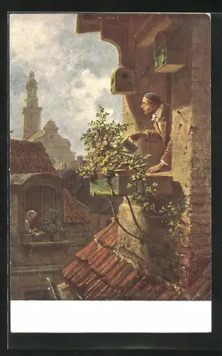 Künstler-AK Carl Spitzweg: Im Dachstübchen, Mann giesst Blumen vor dem Fenster