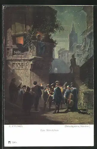 Künstler-AK Carl Spitzweg: Das Ständchen, kleines Orchester musiziert in einer Gasse