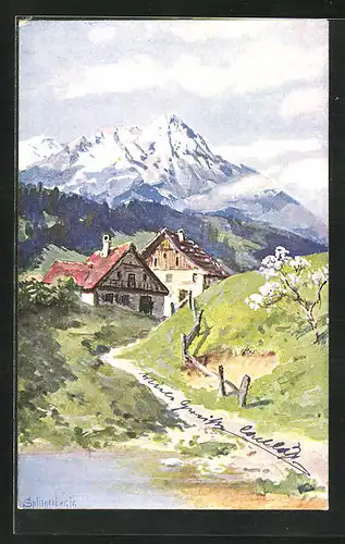 Künstler-AK August Splitgerber: Dörfchen vor sommerlicher Bergkulisse
