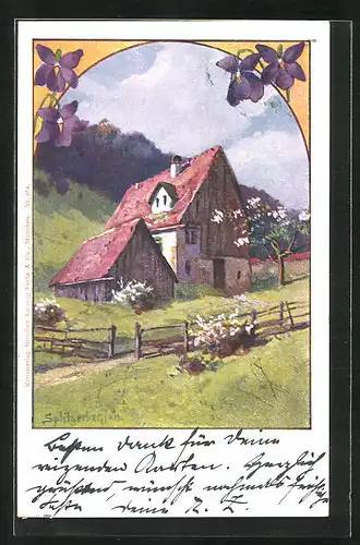 Künstler-AK August Splitgerber: Gehöft zur Frühlingszeit