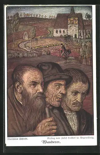 Künstler-AK Matthäus Schiestl: Wanderer auf den Feldern