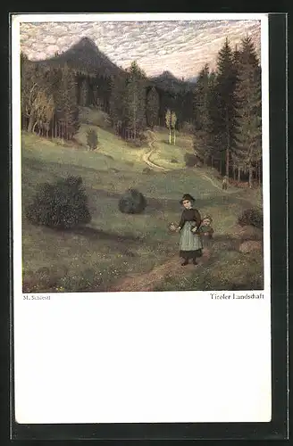 Künstler-AK Matthäus Schiestl: Kinder ziehen durch die Tiroler Landschaft