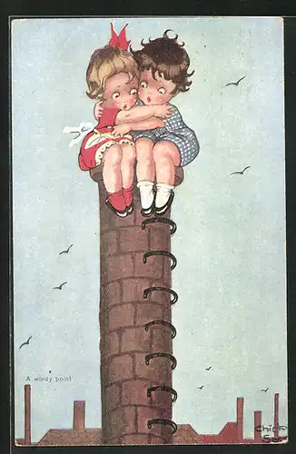 Künstler-AK Chicky Spark: verängstigte Kinder sitzen auf einem hohen Turm