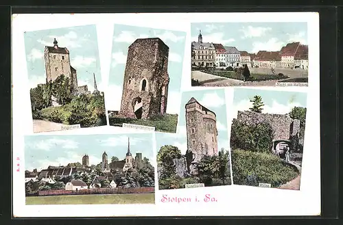AK Stolpen i. Sa., Gesamtansicht, Siebenspitzturm, Koselturm, Ruine