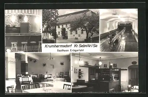 AK Krumhermsdorf /Sa., Gasthaus Erbgericht, Innen- und Aussenansicht