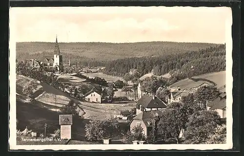 AK Tannenbergsthal i. V., an den Wohnhäusern, Blick zur Kirche