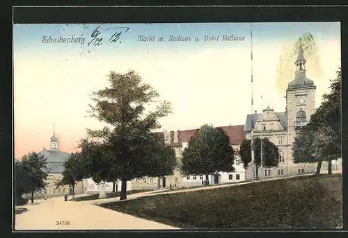 AK Scheibenberg, Markt m. Rathaus und Hotel Rathaus