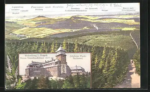 AK Oberwiesenthal, der Fichtelberg mit dem neuen Fichtelberghaus, Panorama nach Nord-Ost