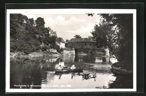 AK Wünschendorf a.d. Elster, kleines Boot an der Holzbrücke