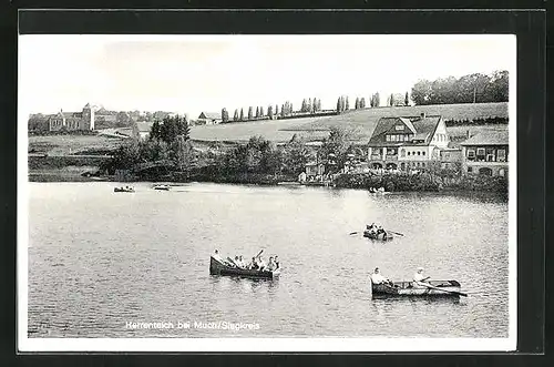 AK Much im Siegkreis, kleine Boote auf dem Herrenteiche, am Gasthaus