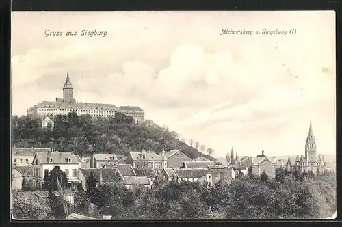 AK Siegburg, Blick zur Abtei auf dem Michaelsberg und die Umgebung