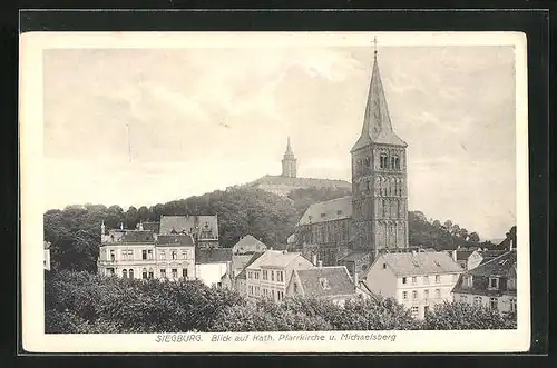 AK Siegburg, Blick auf die katholische Pfarrkirche und die Abtei auf dem Michaelsberg