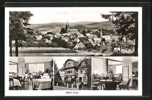 AK Gebhardshain im Westerwald, Gesamtansicht, Blick zur Kirche, Hotel Kaus, in den Gasträumen
