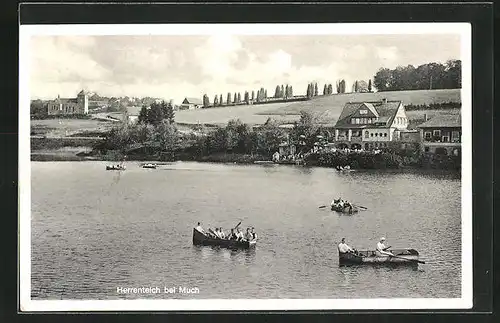 AK Much, kleine Ruderboote auf dem Herrenteich, Blick zum Gasthaus Herrenteich