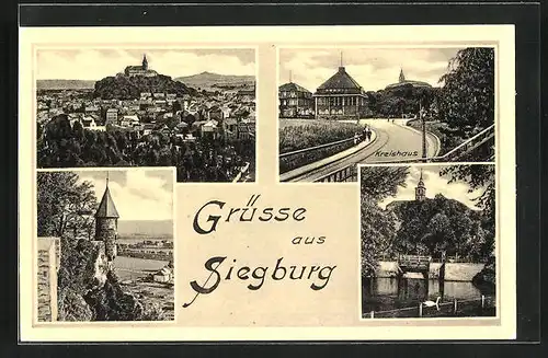 AK Siegburg, Generalansicht mit dem Michaelsberg, am Kreishaus, Partie an der Abtei