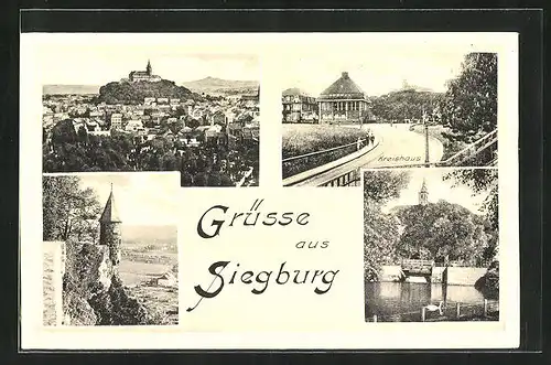 AK Siegburg, Ortstotale mit dem Michaelsberg, an der Abtei, Partie am Kreishaus